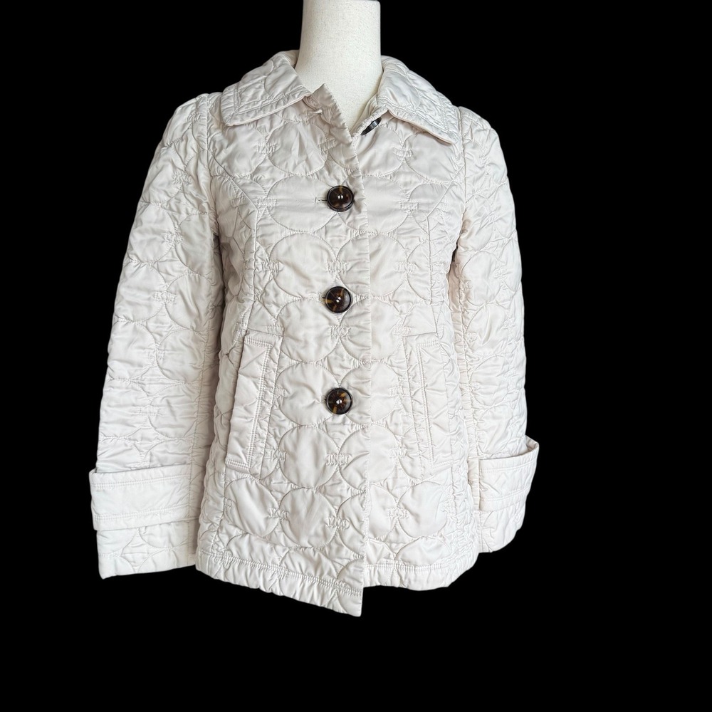 Laundry by Design Quilted Puffer Jacket Swing Coat Peacoat Retro Cream Ivory EUC